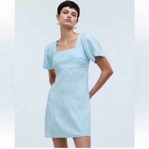 Madewell Square-Neck Mini Dress 100% Linen Blue Heron size 4